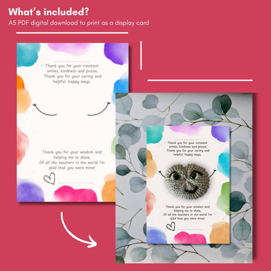 Pocket Hug Display Card Teacher Thank You Poem Digital Download